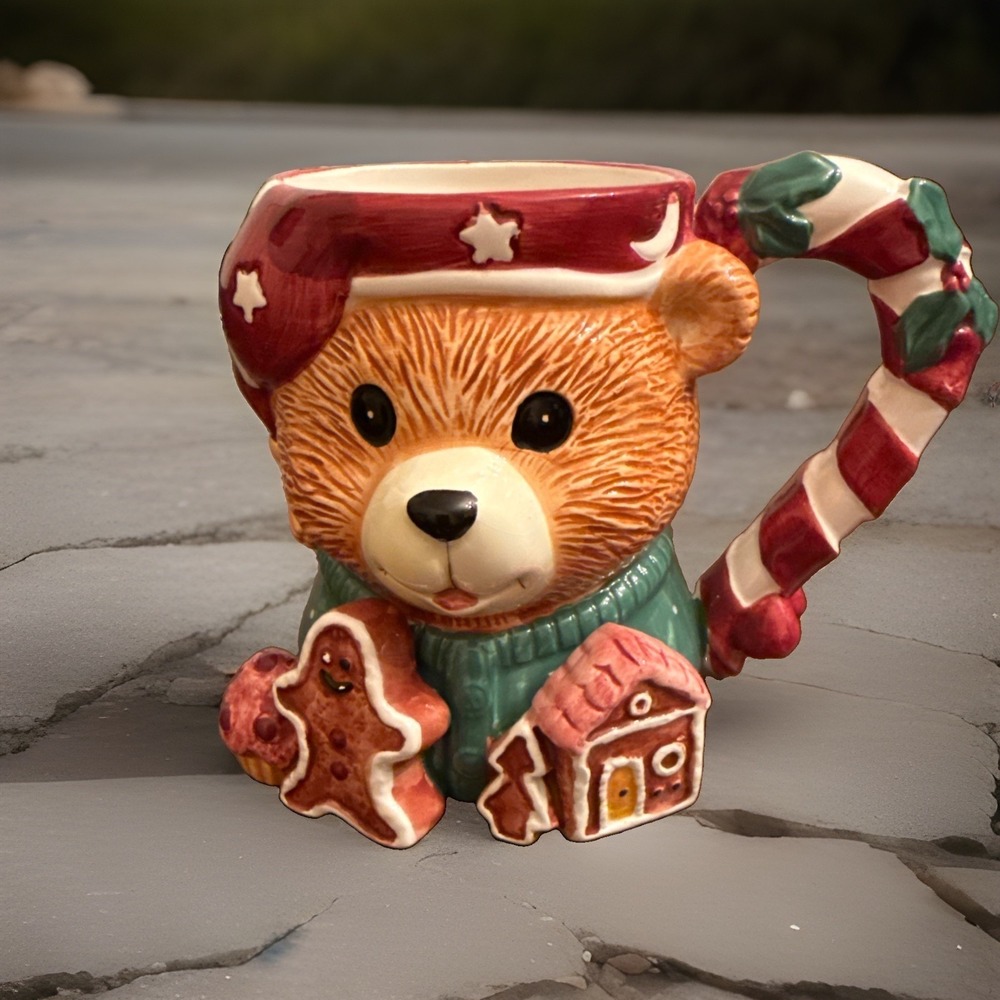 Tis The Season Christmas Bear Coffee Mug Candy Cane Handle Gingerbread 3D Mug